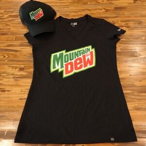 Mountain Dew T-Shirt & Hat Women S/P Black Logo Soda New Era Snapback Promo NWOT